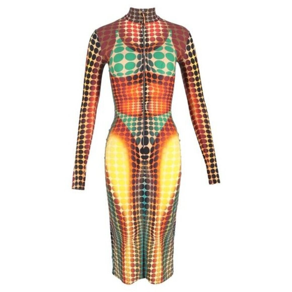 Jean Paul Gaultier Cyber Print High-Neck Midi Dress Multicolor Polyamide XS NEW